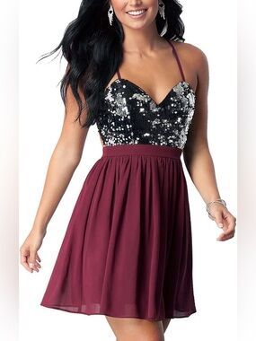 PromGirl Burgundy Sequin Backless Dress